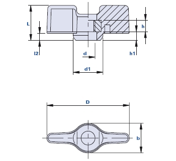 Wing nut with pass-through threaded bush