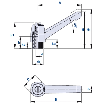 Adjustable clamping lever with threaded bush