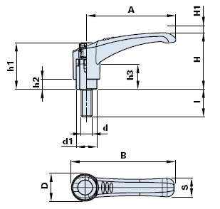 Adjustable clamping lever with stainless steel threaded pin